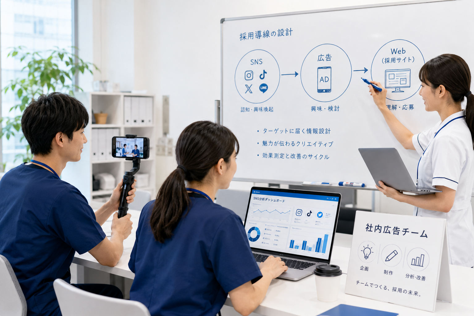 社内広告チームのイメージ。スタッフがスマホで撮影し、SNS分析ダッシュボードを見ながら、採用導線（SNS→広告→Web）をホワイトボードで設計する様子。